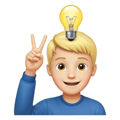 A boy with smily face with victory sign and bulb is glowing above face sticker