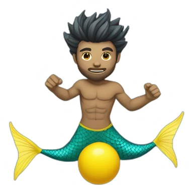 Underwater man mermaid swimming with fins, snorkel equipement, holding a small yellow ball, looking strong and fighting sticker