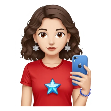 brunette girl with wavy medium length hair, brown eyes, light/medium skin tone, holding iPhone and light phone, wearing red Adidas t-shirt, small silver hoop earrings with blue gem stars, and a different colorful beaded charm necklace sticker