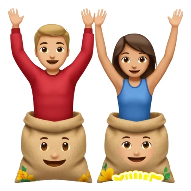 two people jumping in burlap sacks, one holding the sack, the other with arms raised in the air sticker