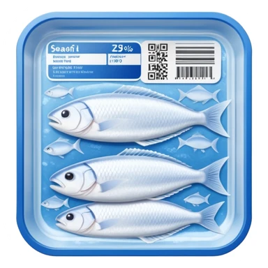 A clear vacuum-sealed plastic tray containing neatly arranged white fish fillets, covered with a thin layer of frost. The package has a blue and white label with product details and barcode. Set in a supermarket freezer shelf among other seafood packs, realistic lighting and texture. sticker
