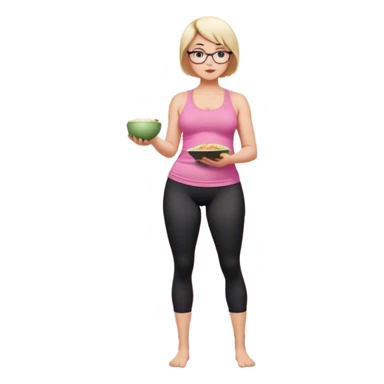 Full body view from the side, fair skinned woman, curvy, short blond hair, small reading glasses, cooking dinner in kitchen, pink loose tank top, showing natural B cup breast shape SFW, black yoga pants, large curvy booty sticker