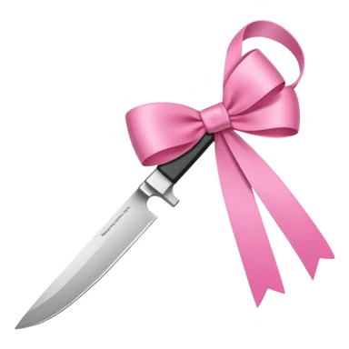Only one object: a kitchen knife. A pink ribbon bow is tied directly on the knife handle. No other items. No decorations. Minimal emoji style sticker
