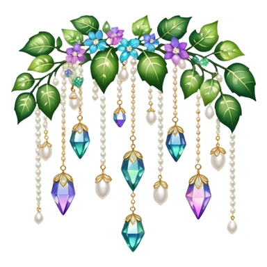 Exotic romantic Few cute tiny Iridescent glistening glossy sparkly shiny glittery hanging crystals pearls and beads and gemstones scenery scenic decorations with ivy and flowers sticker