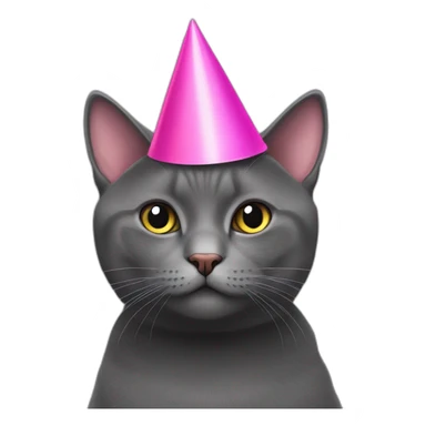 Dark Grey British short hair cat wearing a pink party hat sticker