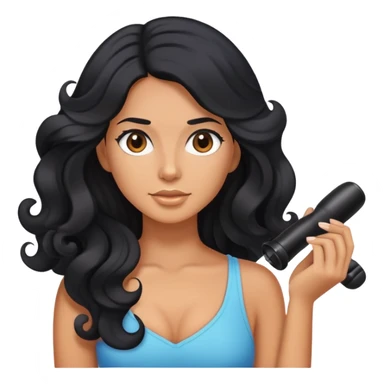 tanned woman with long black hair curling her hair, getting ready sticker
