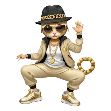 female cat wearing Run DMC hip-hop outfit with tracksuit, fedora, Adidas sneakers, dark sunglasses, many gold chains and bling accessories, break dancing sticker