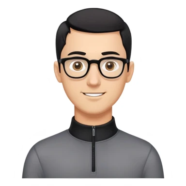 Caucasian man with black hair cut extremely short (almost buzz cut), short beard with gray streaks, large black eyeglasses, cheerful expression, black long sleeve shirt with quarter zip collar sticker