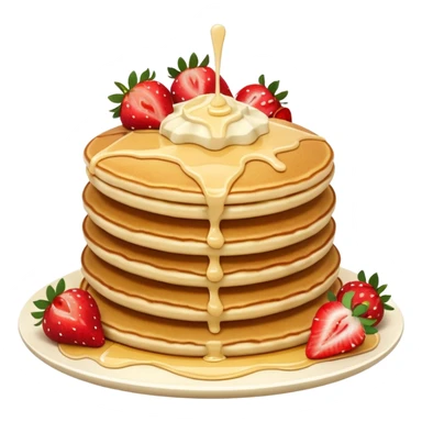 a stack of 3 pancakes with melted white chocolate drizzle on the top pancake and strawberries sticker