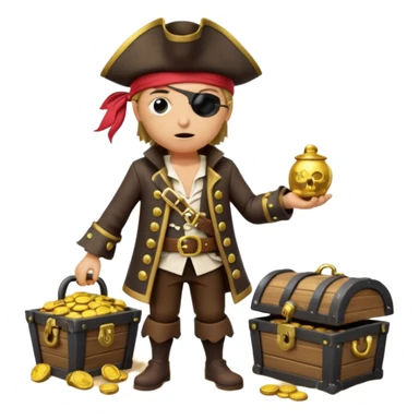 A 3D cartoon pirate character with one eye covered by a black eye patch, holding a treasure chest filled with gold coins and jewels, standing on sandy ground, wearing a pirate hat and coat, warm sunset lighting, realistic Memoji-style rendering. sticker