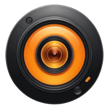 A round camera lens, apple emoji style, minimalist, with highlights, orange sticker