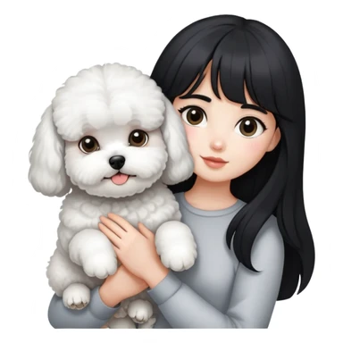 A girl with long black hair and airy bangs, fair skin, holding a gray Bichon Frise with white fur on its chest. sticker