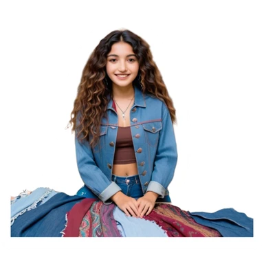 A young 25-year-old Latina entrepreneur with long, wavy hair, brown eyes full of passion, and a friendly smile. She wears recycled boho-style clothing, with an intervened denim jacket and eco-friendly accessories. He is in a textile recycling workshop surrounded by reused fabrics, mannequins and sewing machines. The lighting is warm and inviting, with sustainable fashion sketches on the walls. Sofía is designing a unique garment, transmitting creativity and determination sticker