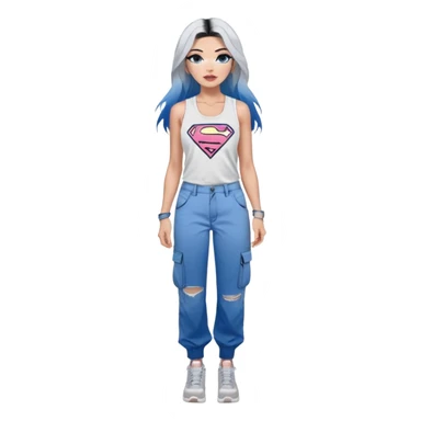 Tall-full body-long legs-huge female chest-very excited-very-beautiful-face-white torn cargo pants-light-pink-lips-very long-very-straight-dark-blue-ombre-hair-and-blue-eyes-thick-black-eyeliner-thick-long-eyelashes-sky blue-superman-low cut tank top-silver-hoop-earrings sticker