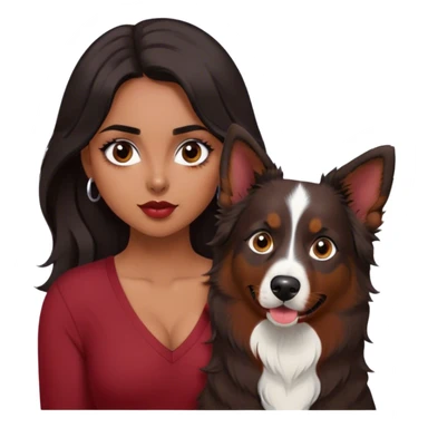 One latina girl with long beautiful dark hair and dark eyes in a dark red v neck and makeup with her black tri colored  Australian shepherd large sticker