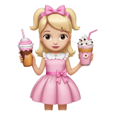 A little girl with a Dunkin' milkshake and a donut with pink frosting and marshmallows, wearing a pink coquette-style dress with bows and blonde hair. sticker