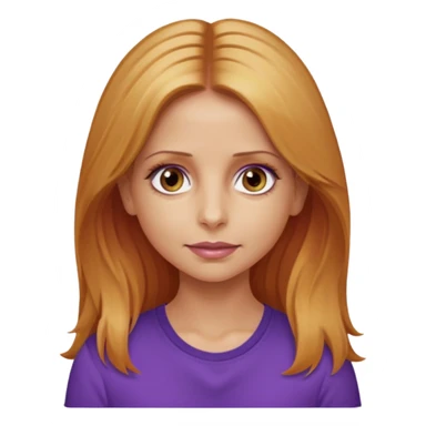 Sarah Michelle Gellar with hazel eyes, strawberry blonde long hair, purple shirt sticker