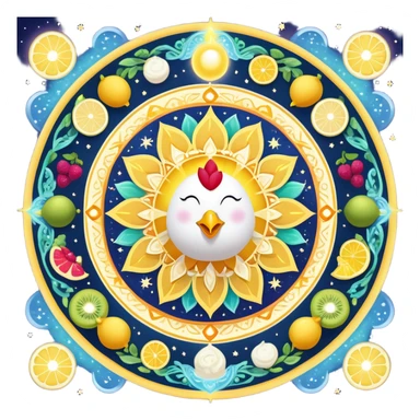Celestial fitness mandala with magical water and lemon at center, surrounded by orbiting enchanted elements: radiant sun, glowing chicken and rice, sparkling gym weights, ethereal yogurt, twinkling fruits, and mystical sleep moon, all connected by cosmic energy flows and starry aura sticker