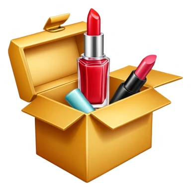 an opened box with a few beauty items such as lipstick and perfume sticker