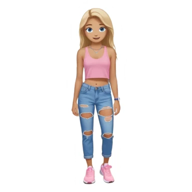 preppy teenage girl, blue eyes, tan, less blonde highlights, brown long hair, long eyelashes, beach aesthetic, wearing cute clothes, wearing ripped blue longer baggy jeans with a light pink sexy revealing low neck crop top, wearing Nike shoes, very sexy, very long eyelashes, very pretty sticker
