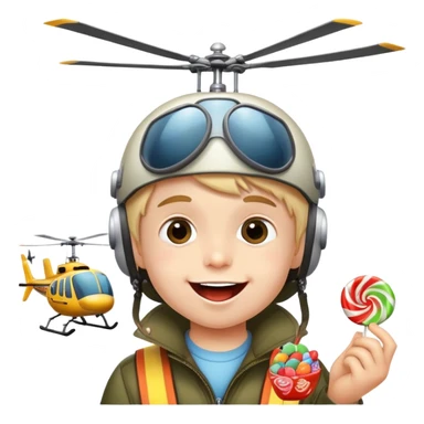 happy kid with helicopter hat eating candy sticker