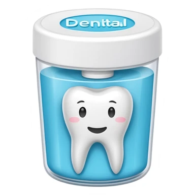 A small round plastic container with the phrase  "dental floss" on it sticker