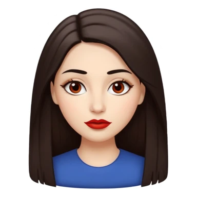 A woman emoji with fair skin, long straight dark brown hair parted in the middle, an oval-shaped face, arched dark eyebrows, almond-shaped brown eyes, a small nose, and full lips colored with red lipstick. sticker