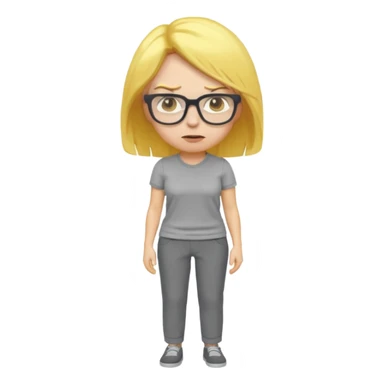 furious mom emoji, yellow hair, glasses, gray shirt and pants, simple and bold sticker