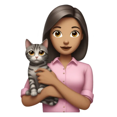 Brunette girl with straight hair in a pink blouse, holding a gray, striped, brown-eyed cat with a bow in her arms sticker