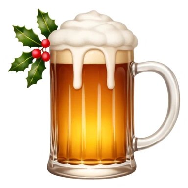 Scandinavian-style Christmas beer mug with frothy top, surrounded by holly and festive lights, warm and inviting sticker