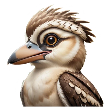 Cinematic Comical Kookaburra Portrait Emoji, Head tilted dramatically with an exaggeratedly amused expression, featuring a strikingly patterned brown and cream plumage with wide, expressive eyes filled with playful disbelief, Simplified yet hilariously expressive features, highly detailed, glowing with a slightly sassy glow, high shine, dramatic yet playful, stylized with an air of cheeky bushland mischief, bright and endearing, soft glowing outline, capturing the essence of a spirited and over‐the‐top kookaburra, so meme‐worthy it feels like it could cackle its way into internet fame instantly! sticker