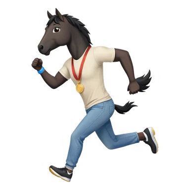 friendly anthropomorphised black stallion in jeans and a t-shirt, jogging upright in relaxed pose, holding a medal sticker