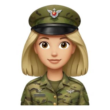 Female soldier emoji in Apple style, no cap/helmet, bust portrait, gentle smile, generic camo, hair visible, soft gradients, transparent PNG sticker