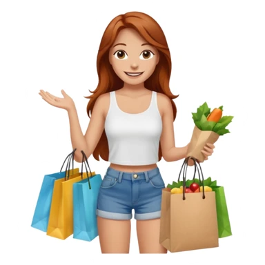 Mujer joven blanca de contextura media sonriendo con cabello largo cobrizo vestida con top blanco y short de jean con bolsas de compras sticker