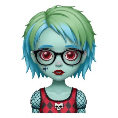 Ghoulia yelps monster high doll in scene/emo style cherry print dress with fishnet sleeves, clothes, thin, small, red, rectangle glasses, pale white-blue skin, pale-green short shaggy hair , zombie scars , boy sticker