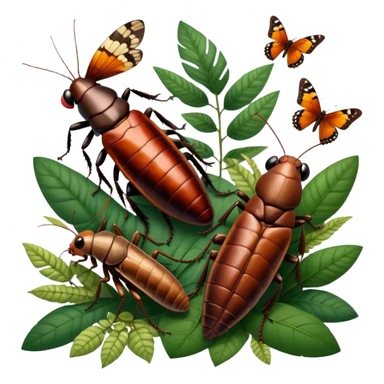 Close-up of giant Madagascar hissing cockroaches, butterflies, and stick insects in their natural habitat. The insects are shown in detail, highlighting their unique textures and colors, surrounded by plants and leaves. Soft lighting to enhance their features. Transparent background. sticker