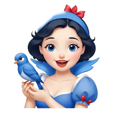 Cinematic Adorable Snow White Portrait Emoji, Giggling as a bluebird perches on her finger, cheeks rosy with joy, bright expressive eyes full of wonder, her innocence and beauty blending into a heartwarming moment! sticker