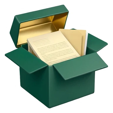 3D minimal open box with papers and documents floating out, matte finish, deep green (#0B3D2C) box, cream (#F5F5DC) papers, gold (#C9B037) subtle glow, Apple style, clean and premium, soft shadow, transparent background sticker