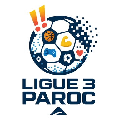 Le logo présente un ballon de football moderne, stylisé en forme de globe digital composé de petits pixels ou emojis sportifs, symbolisant l’alliance entre sport et numérique. Deux points d’exclamation "!!" dynamiques, en biais et colorés, sont placés en haut à gauche du ballon comme un emblème, évoquant l’intensité et l’enthousiasme de la ligue.

En dessous, le nom "Ligue 3 Paroc" est écrit en lettres audacieuses, avec une typographie sportive mais légèrement futuriste. Le mot "Paroc" est accompagné de son emblème discret (ex. : une petite montagne ou vague, selon l'identité visuelle de Paroc Sport). sticker