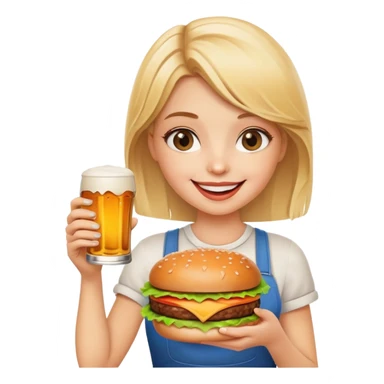 happy blonde girl with burger and beer  sticker