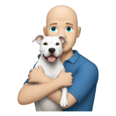 bald white man with blue eyes hugging fully grey pit bull sticker