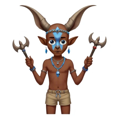 Red brownish figure with blue eyes a horn on his head long ears a skull necklace arms banded with something and a small bat with a band banded to the handle and the bottom being brown wearing a skinny brown short to cover his you know and but and long nails and long toenails sticker