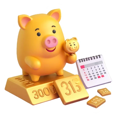 3D gold bar with a calendar and a piggy bank, representing weekly saving, Microsoft 3D emoji style sticker