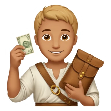Emoji portrait of a Roman merchant. Loose-fitting clothes, holding a money pouch, cheerful expression. sticker