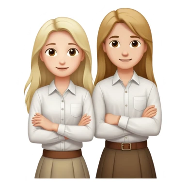 A boy in a white shirt and a girl with long hair in a skirt crossed their arms over their chests - with happy faces sticker
