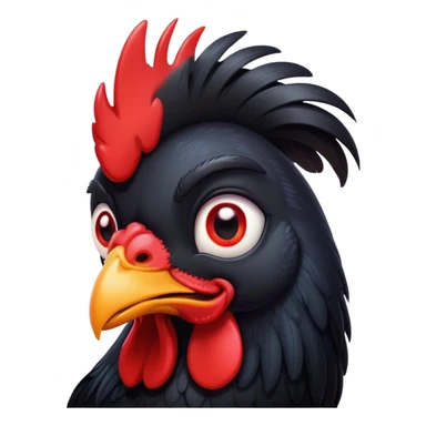 Cinematic Cute Black Rooster Portrait Emoji, Head tilted playfully and inquisitively, featuring a glossy, immaculate black plumage with a vibrant red comb, round, sparkling eyes filled with curiosity, Simplified yet irresistibly adorable features, highly detailed, glowing with a warm, friendly glow, high shine, affectionate and spirited, stylized with a touch of farmyard whimsy, bright and endearing, soft glowing outline, capturing the essence of a mischievous yet loving rooster, so playful it feels like it could strut out of the screen and into your arms! sticker