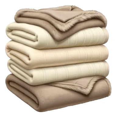 Stack of folded luxury blankets, cream-colored knit and taupe fur sticker