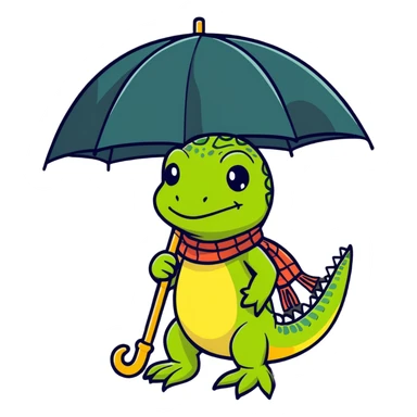 lizard wearing shoes and a scarf, holding an umbrella, grumpy expression sticker