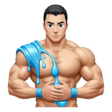 Surreal "Water Armor" concept: Bodybuilder's entire upper body made of liquid-filled latex, sloshing with movement. Distended bicep skin like overfilled condom, droplets leaking at needle puncture sites. High-shine wet look. sticker