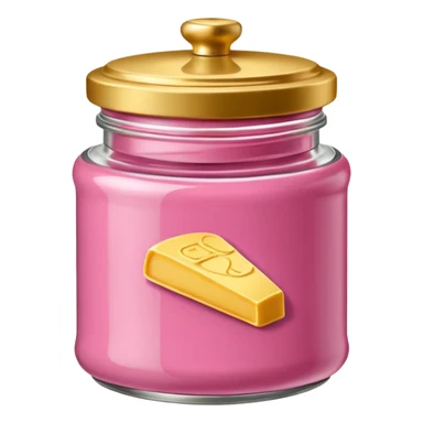 Una miniatura fotorrealista de un tarro de mantequilla corporal elegante, con una tapa dorada brillante. Una sola moneda de oro, pequeña y sutil, reposa al lado del tarro. Iluminación suave de estudio. Colores: rosa, terracota y dorado. Estilo: lujo en miniatura. sticker